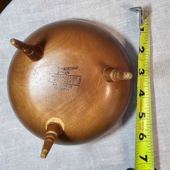 Vintage Woodpecker Woodware Bon Bon Wooden Footed Bowl Handmade Japan Paris - Picture 5 of 6
